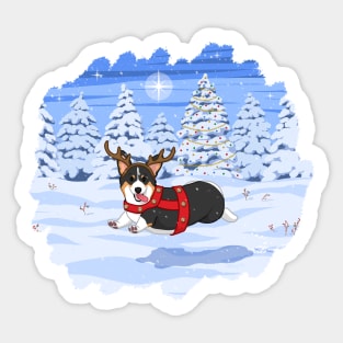 Cute Black Pembroke Corgi in Christmas Reindeer Costume Sticker